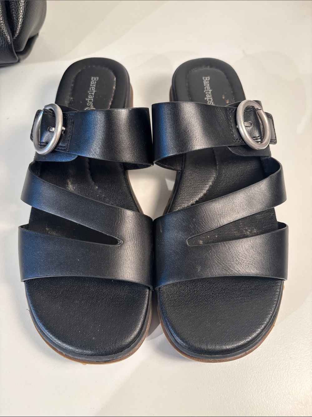 BareTraps Black Leather Slide Sandals with Silver Buckles